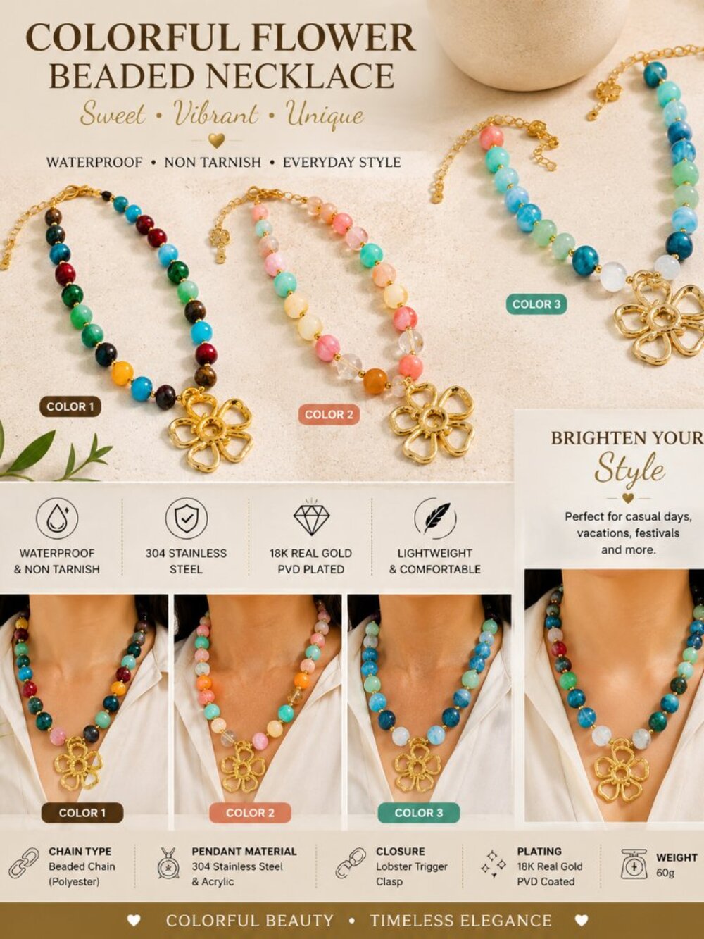 18K Gold PVD Flower Necklace | Waterproof Multicolor Beaded Chain | Stainless S